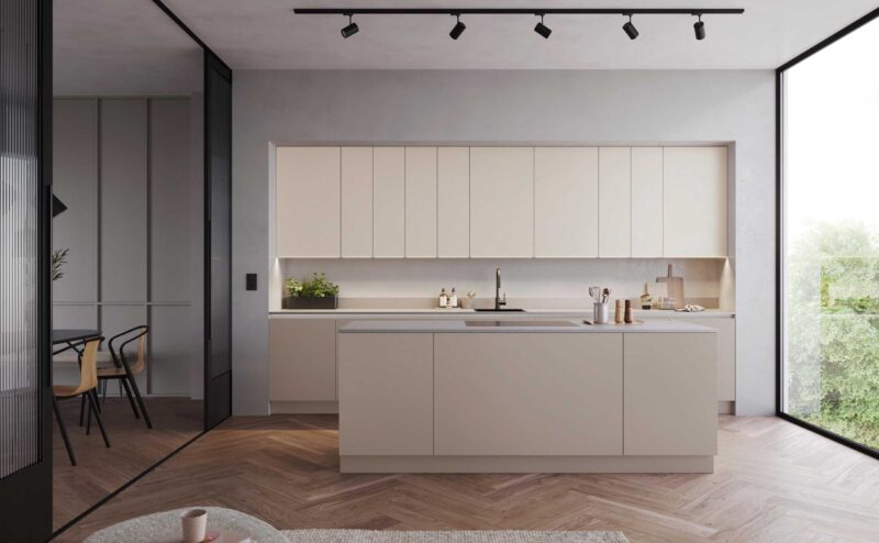 kl-Zerox_MA_Terra_Grey_Zerox_MA_Beach_Grey Offene, minimalistische Rotpunkt Designküche in Terra Grey und Beach Grey mit Kochinsel, grifflosen Hängeschränken, Keramikarbeitsplatte und Echtholzboden – moderne Planung für stilvolle Küchen in Wesel.