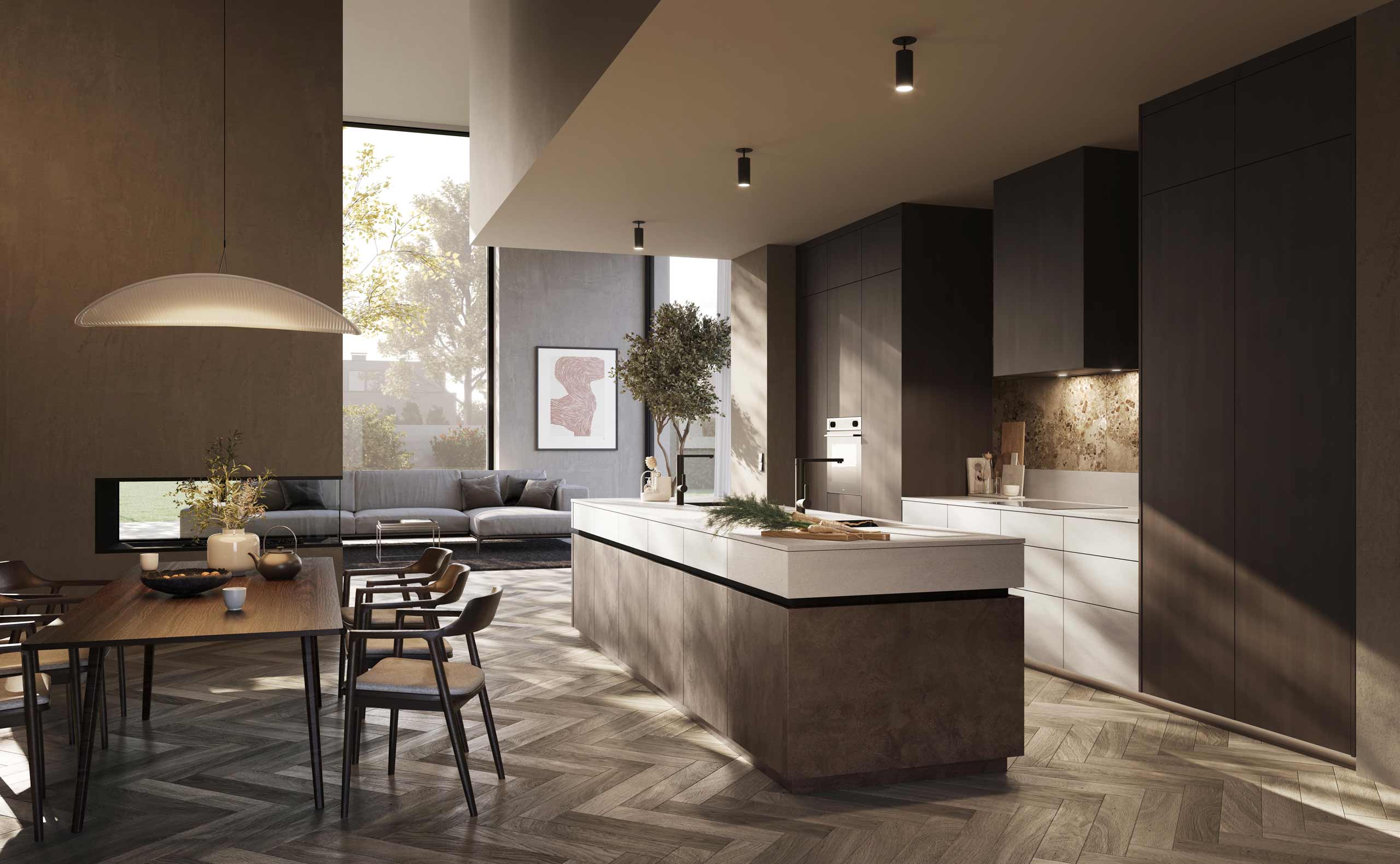 Offene Rotpunkt Designküche mit Kochinsel in Brown Steel, heller Keramik-Arbeitsplatte und Siemens Studioline Einbaugeräten auf dunklem Fischgrät-Holzboden – moderne Wohnküche in Wesel.