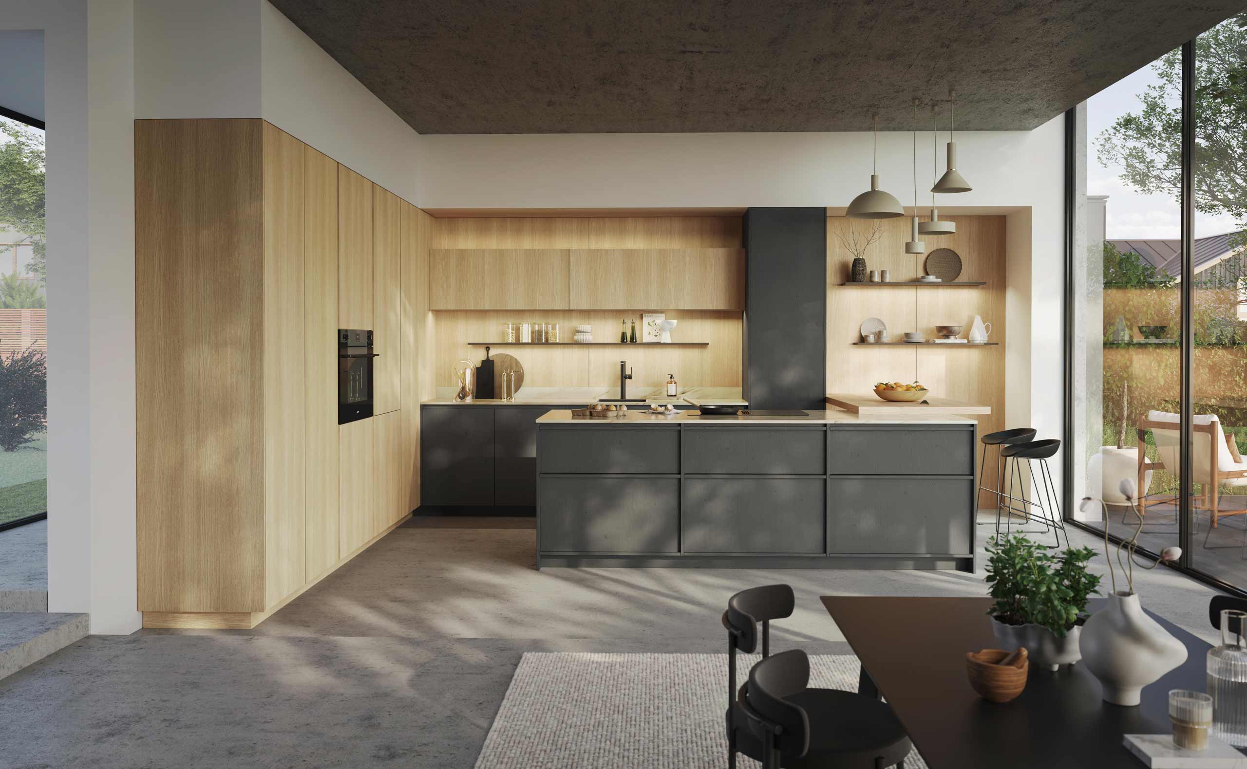 Moderne Wohnküche mit Küchenblock in FL Zero Clay Dark und Hochschränken in Nordic Oak Memory bei Wierz Küchen & Interieur in Wesel – offene Designküche mit Holzoptik, dunklen Unterschränken und harmonischem Raumkonzept.