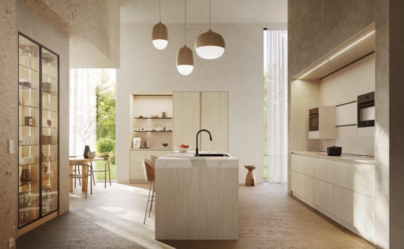 kl-Zerox_SY_VER_Scandinavian_Oak-(2) Offene Wohnküche mit Rotpunkt Zerox SY Scandinavian Oak in heller Eichenoptik, großer Kücheninsel mit Steinarbeitsplatte, Bora Tischlüfter und Betonboden – modernes Küchendesign in Wesel.