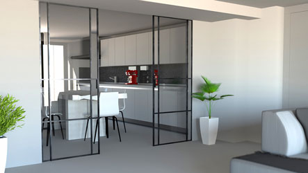 Halboffene Küche mit Glasabtrennung und Schiebetür zwischen Küchen- und Wohnbereich