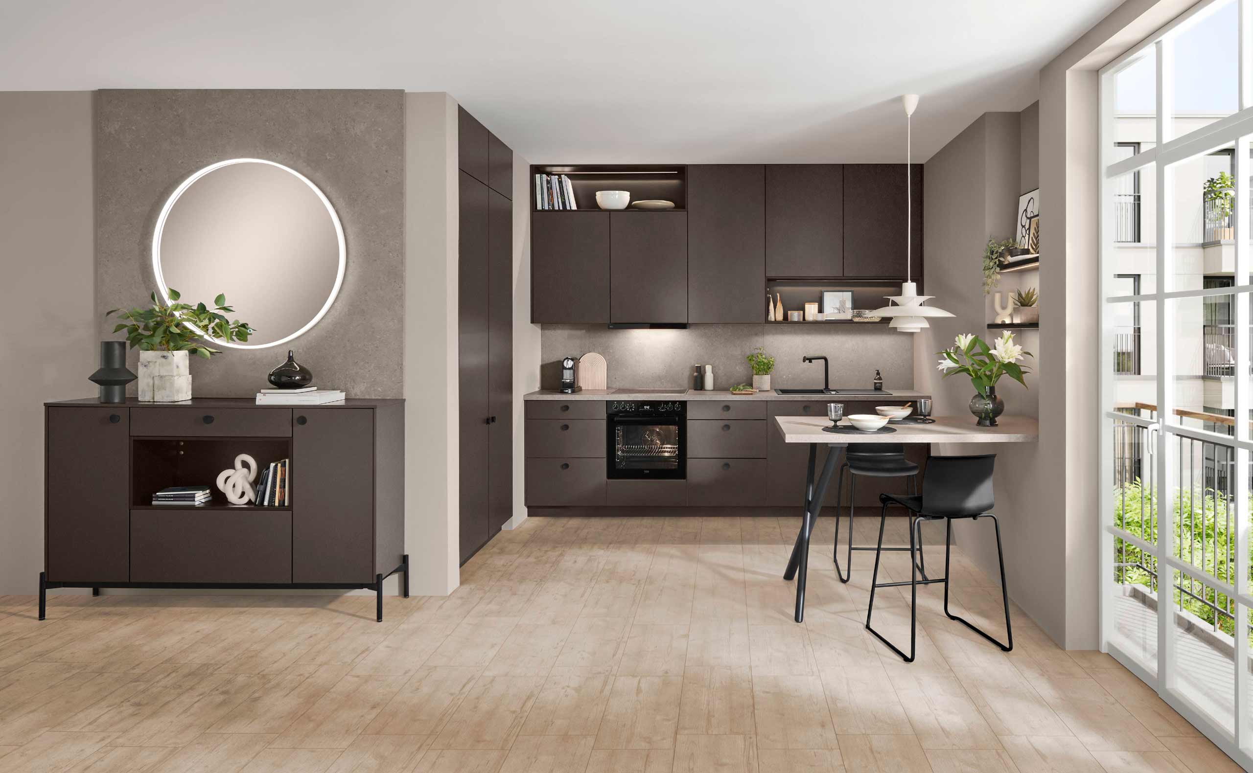 Kompakte Küchenzeile Look 605 von nobilia in Anthrazit für kleine Räume mit integriertem Sideboard, ausziehbarer Tischlösung, beleuchteter Arbeitsfläche und BORA Kochfeld mit Tischlüfter – platzsparende Mini-Wohnküche im modernen Design.