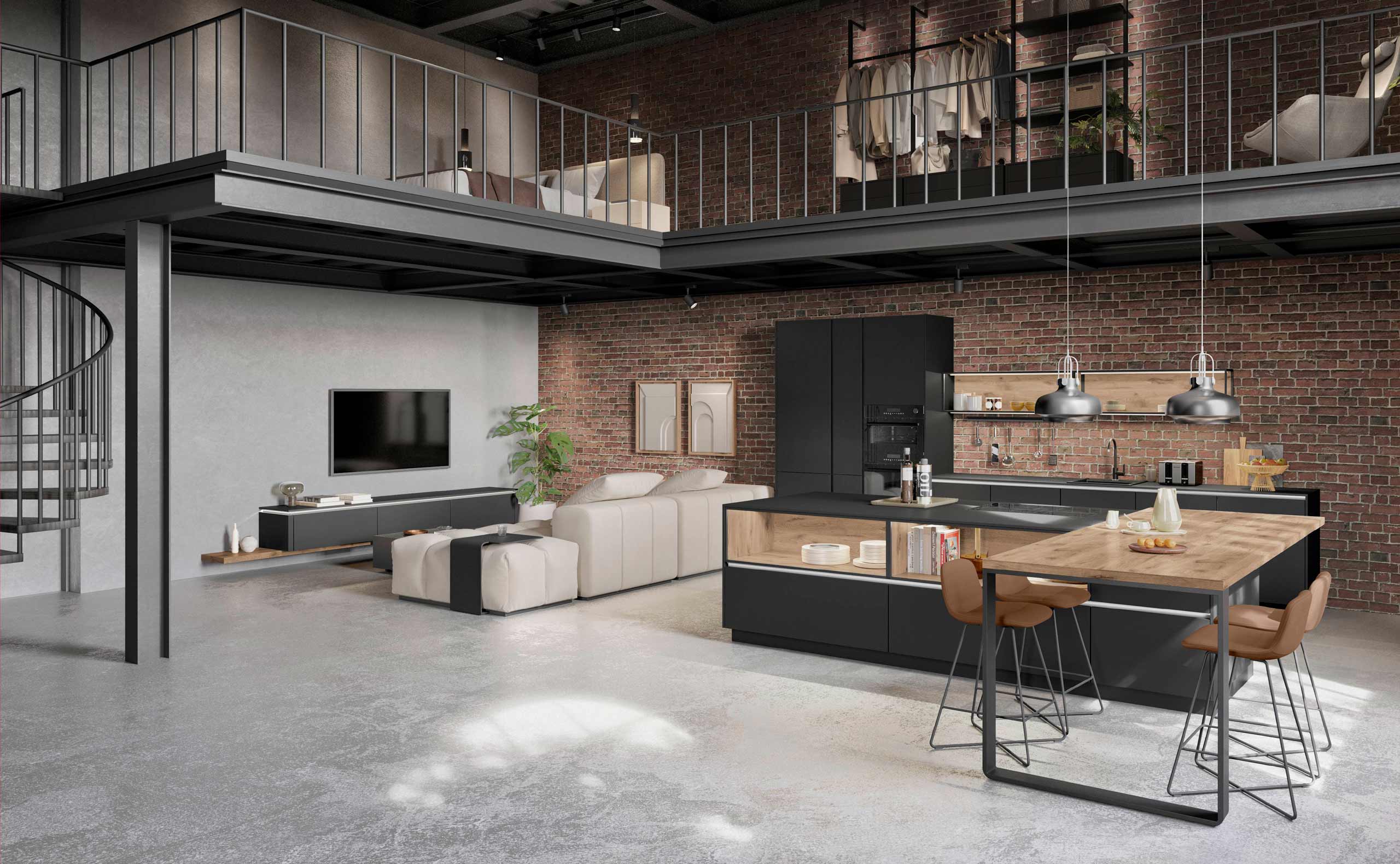 Moderne Senso 496 Küche von nobilia im Industrial Style mit matten Fronten, großzügiger Kücheninsel und integrierten Einbaugeräten – elegante Designküche für offene Wohnküchen mit viel Stauraum und klarer Linienführung.