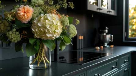 Moosgrüne Landhausküche mit klassischen Fronten und warmem Ambiente.