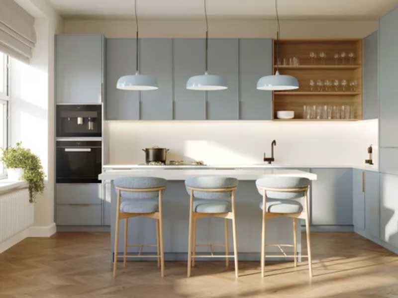 Himmelblaue, moderne L-Küche mit New Farmhouse Elementen