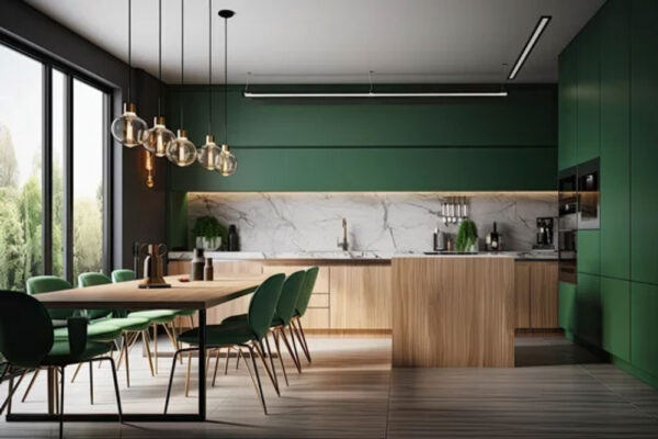 Moderne Perlgrün-Küche mit warmen Holzfronten und durchdachtem Design