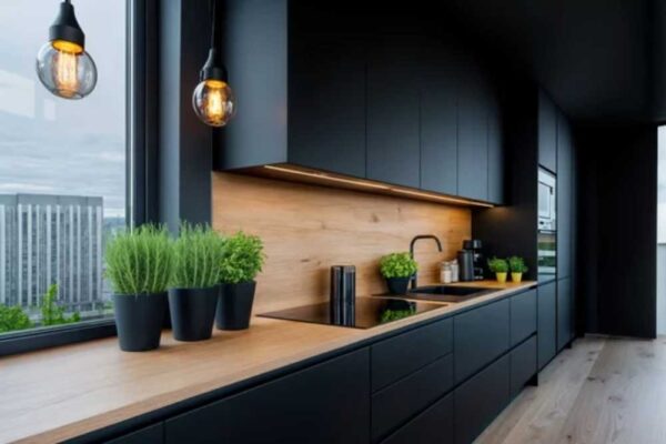 Grifflose rostgrüne Küche mit heller Holzarbeitsplatte, passender Nische und Unterbauleuchten.