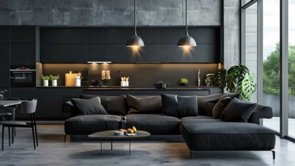 Edle, rostgrüne Küche mit Akzentbeleuchtung