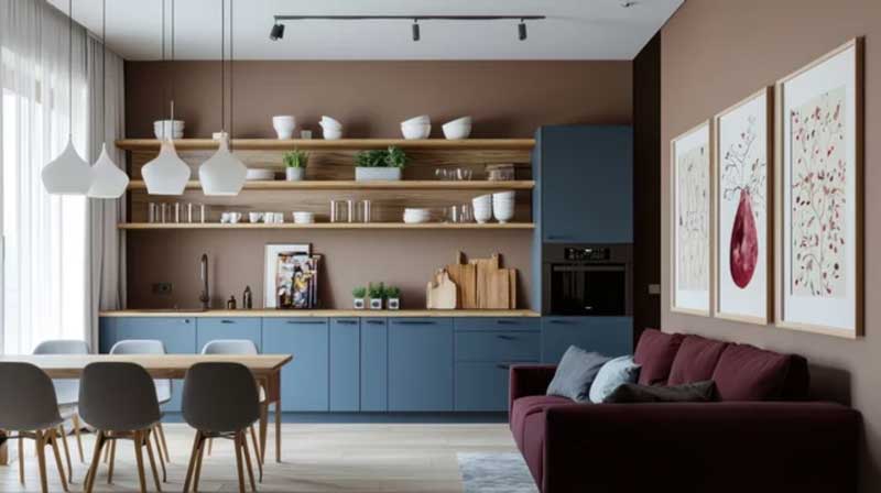 Offene Küche in Taubenblau mit Holzregalen, Esstisch und Wohnbereich in Taubenblau