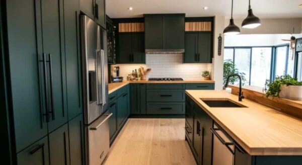 Waldgrüne Küche im Landhausstil mit hellen Holzarbeitsflächen.